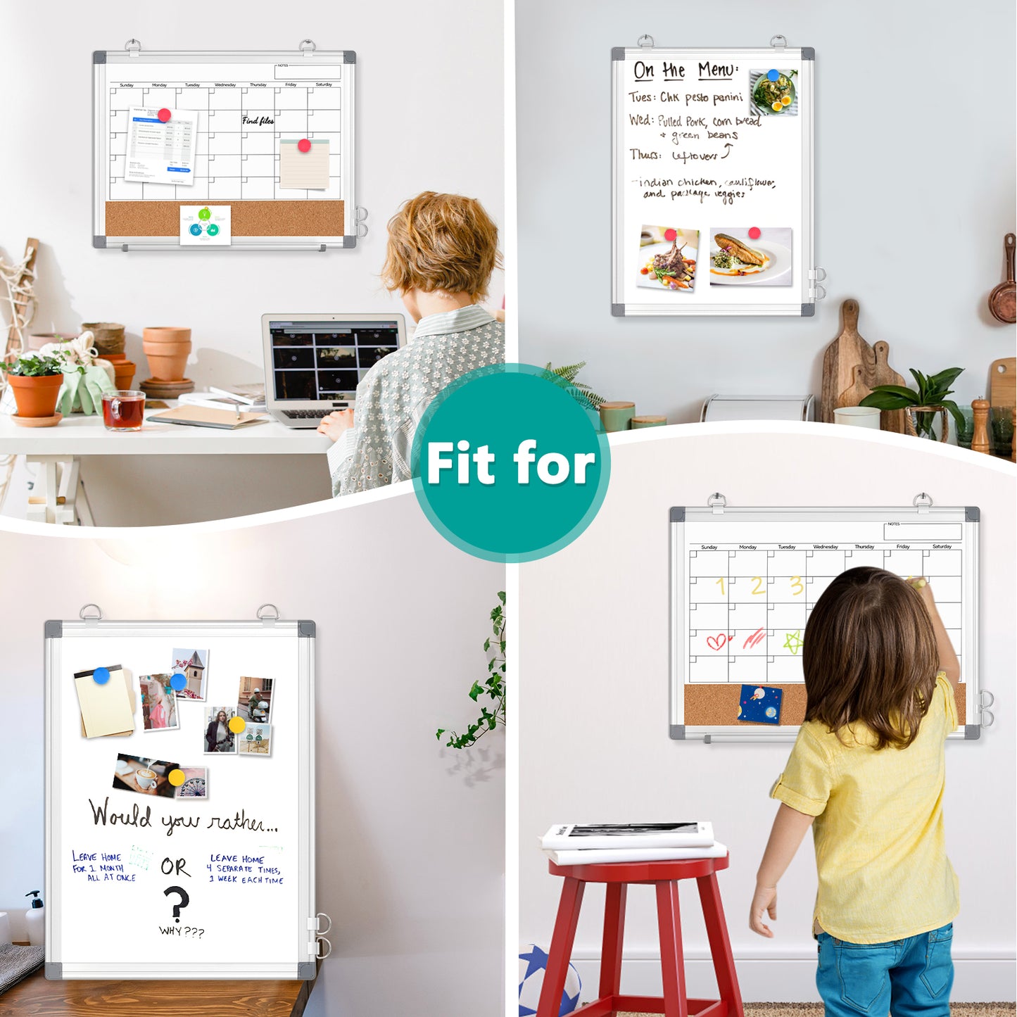 Monthly Calendar Whiteboard 16" x 12" Magnetic Dry Erase Board Dry Erase Cork Board Combination for Wall
