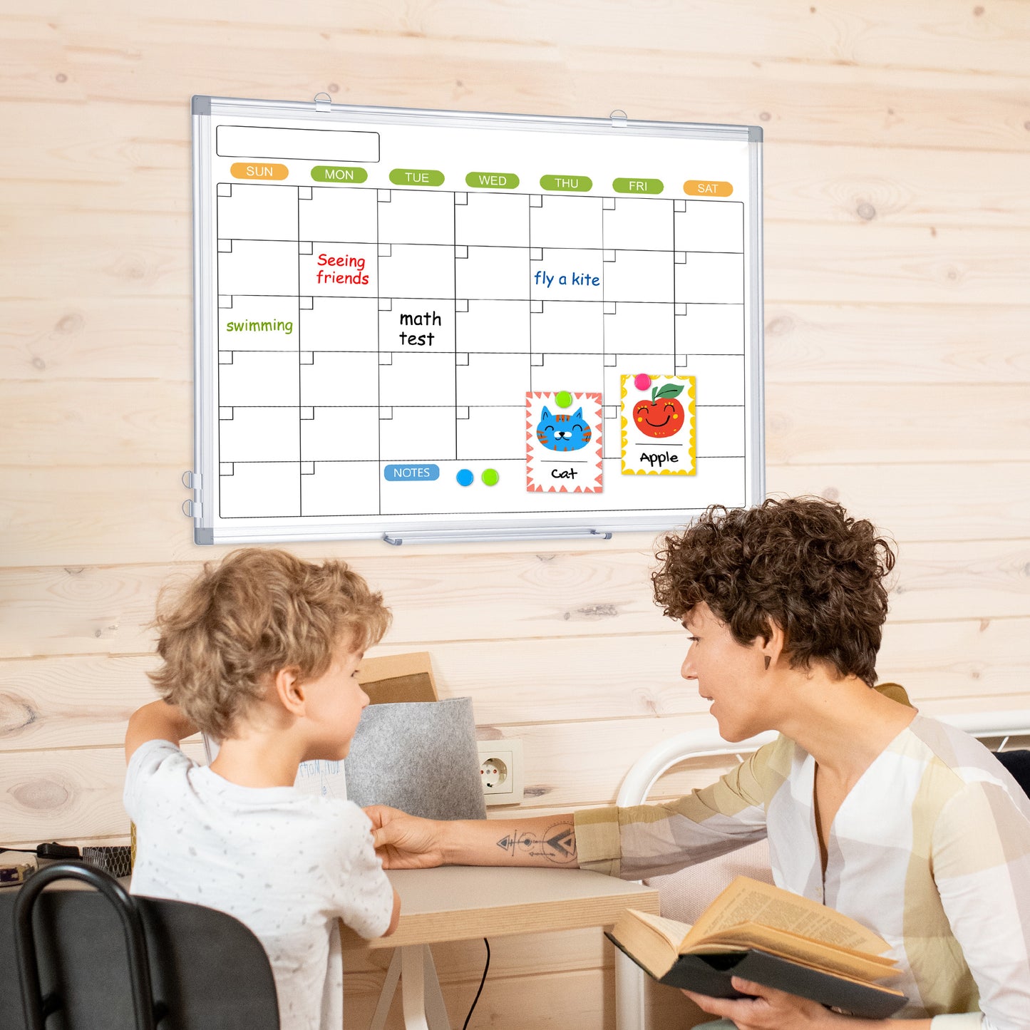 Magnetic Whiteboard Calendar for Wall, Double-Sided, with 4 Markers 8 Magnets 1 Eraser 1 Tray-Silver