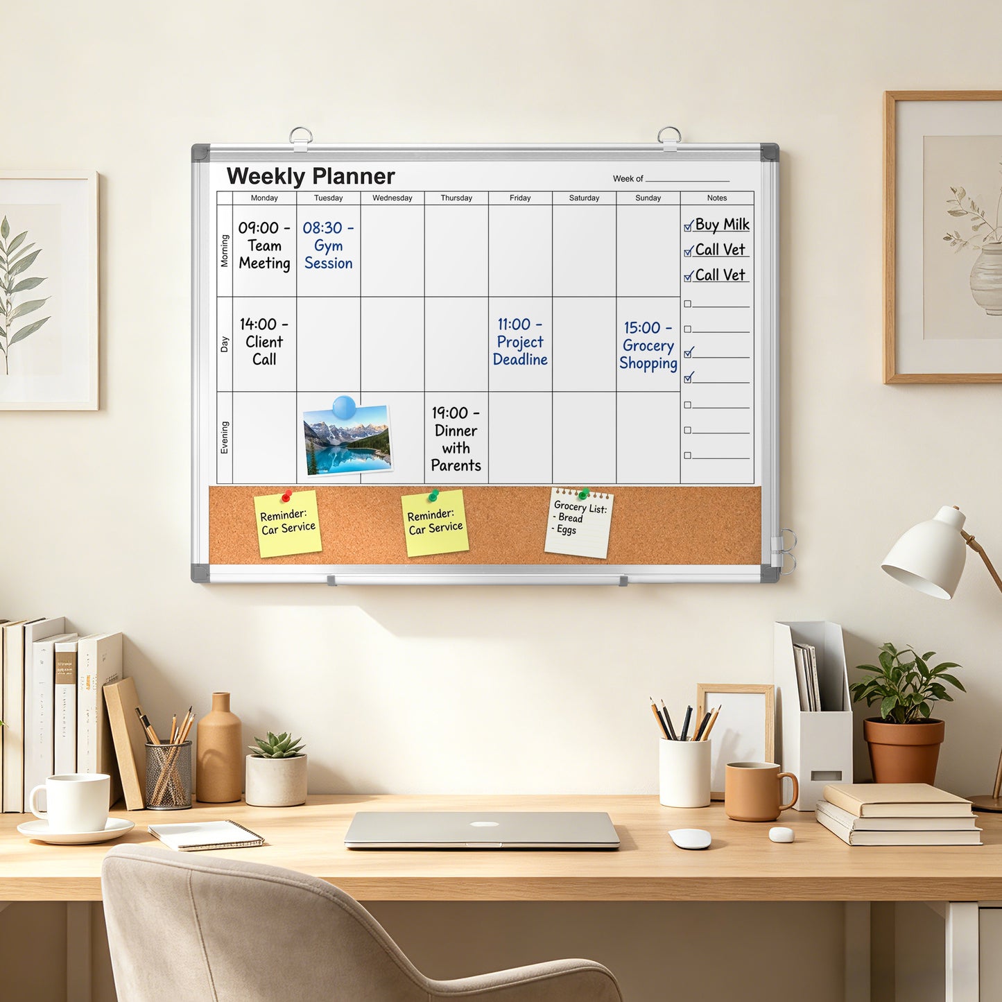 Weekly Dry Erase Calendar Whiteboard for Wall, 24" x 18" Double-Sided Weekly Planner White Board Cork Combo