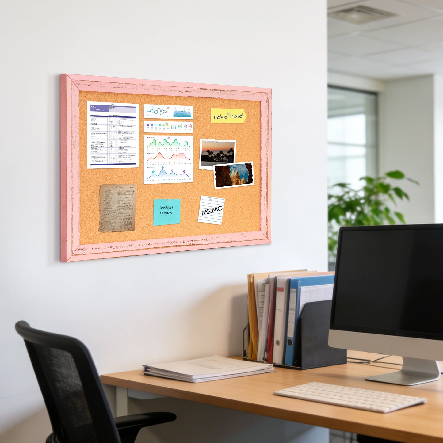 Cork Board for Wall, Bulletin Board Rustic Wooden Frame with 10 Pushpins, Pink