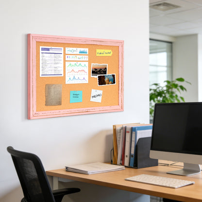 Cork Board for Wall, Bulletin Board Rustic Wooden Frame with 10 Pushpins, Pink