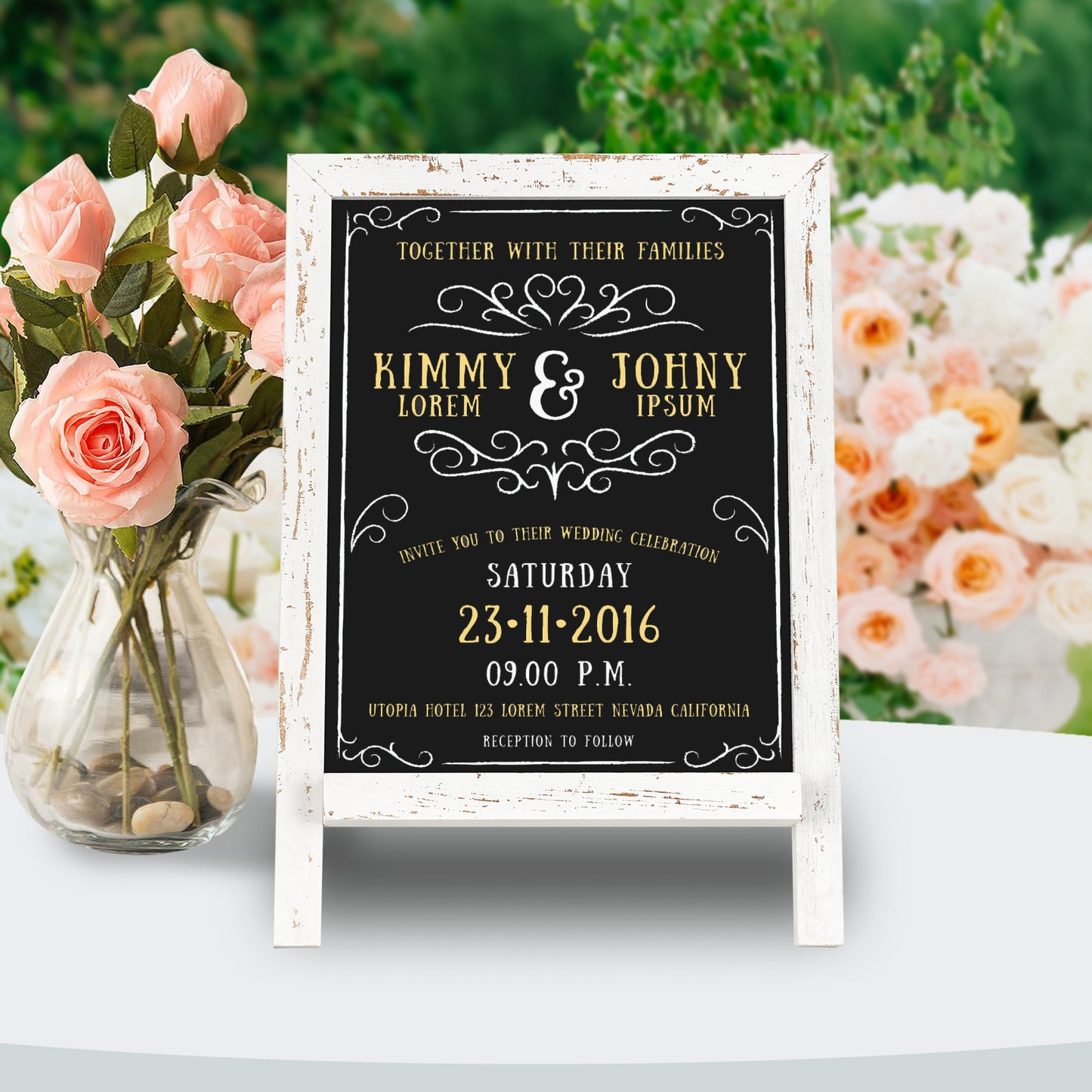 Small Tabletop Chalkboard Signs, 9.5" x 14" Magnetic Chalk board with Stand Wood Frame-White