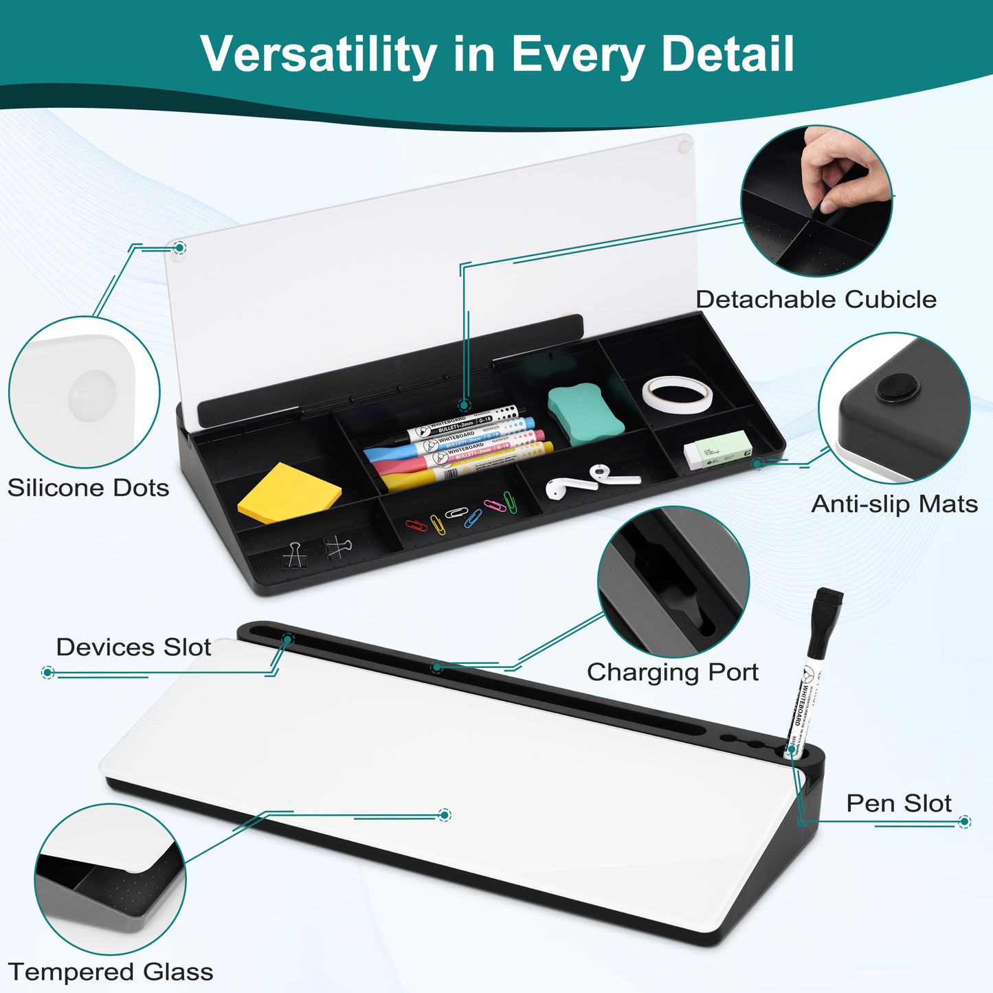 Glass Desktop Whiteboard with Storage Drawer, Black-white Box with 4 Markers 1 Eraser