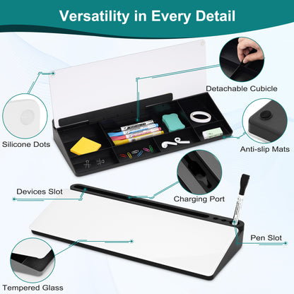 Glass Desktop Whiteboard with Storage Drawer, Black-white Box with 4 Markers 1 Eraser