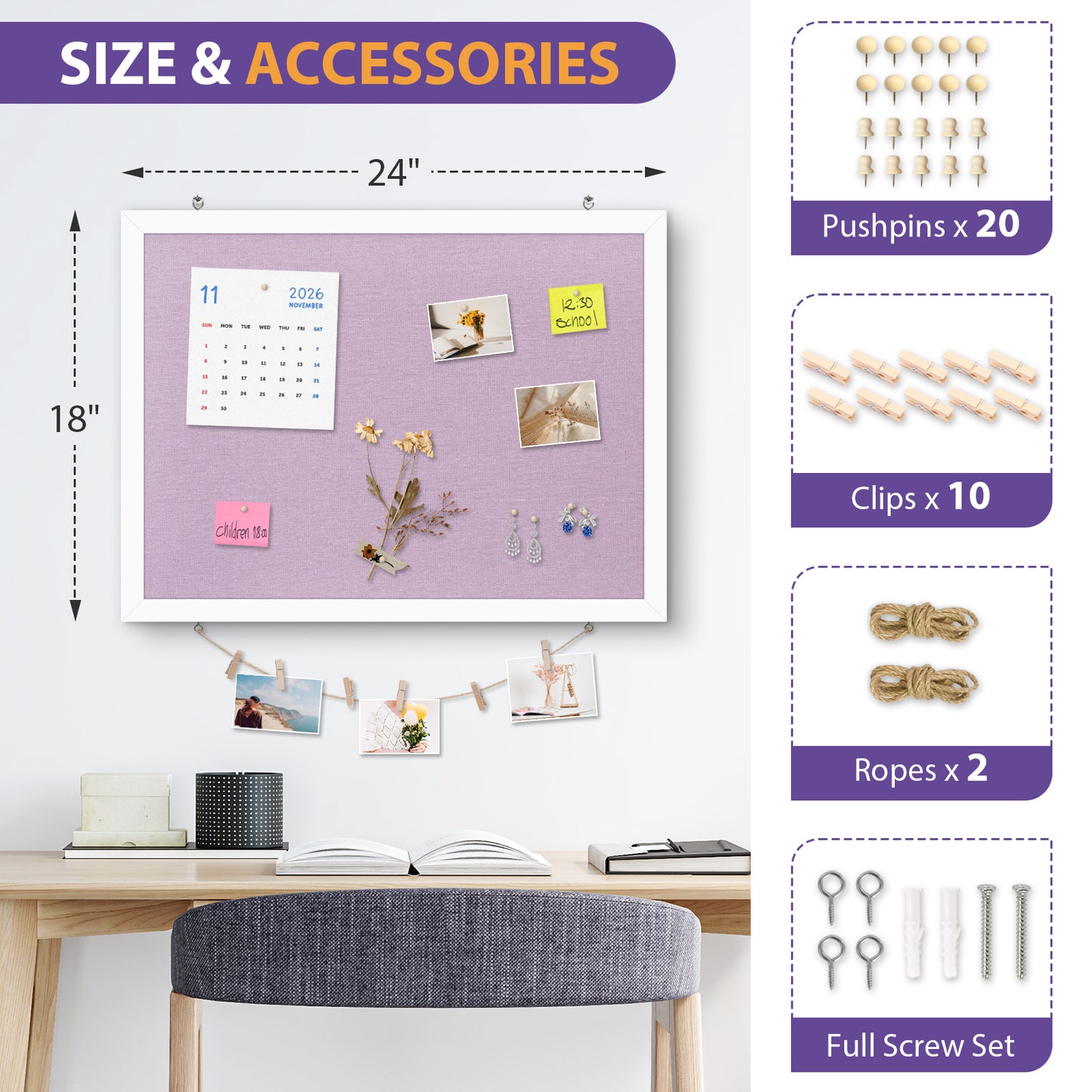 Linen Bulletin Board Poster Board 24x18 Inches Purple Linen Cork Board for Wall