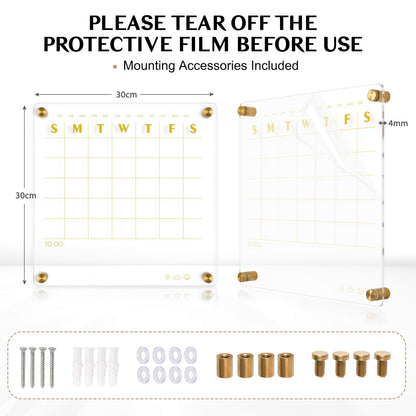 Acrylic Calendar for Wall Small 12x12 inch Golden Clear Dry Erase Board Non-Magnetic Planner Wall Mounted Board