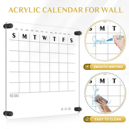 Reusable Acrylic Wall Calendar Clear Acrylic Monthly Wall Mounted Calendar Non-Magnetic 12x12 in Month Planner Memo Board
