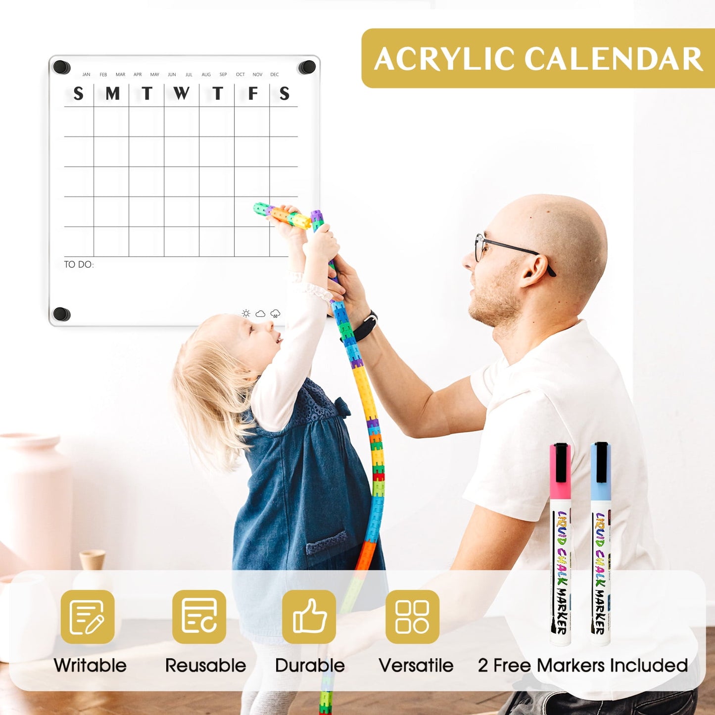Reusable Acrylic Wall Calendar Clear Acrylic Monthly Wall Mounted Calendar Non-Magnetic 12x12 in Month Planner Memo Board