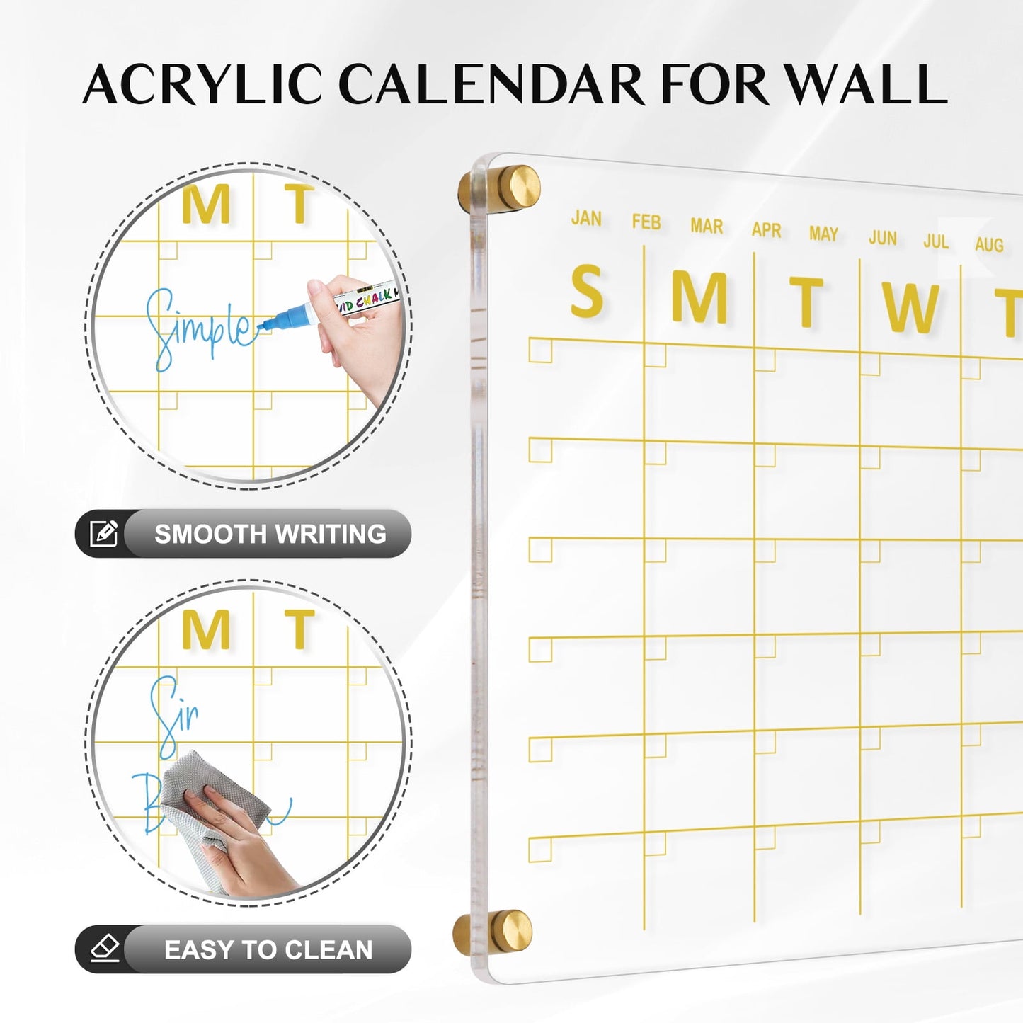 Acrylic Calendar for Wall Whiteboard eekly Clear Dry Erase Board, Wall Hanging Frameless Gold Print