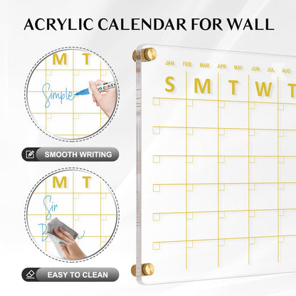 Acrylic Calendar for Wall Whiteboard eekly Clear Dry Erase Board, Wall Hanging Frameless Gold Print