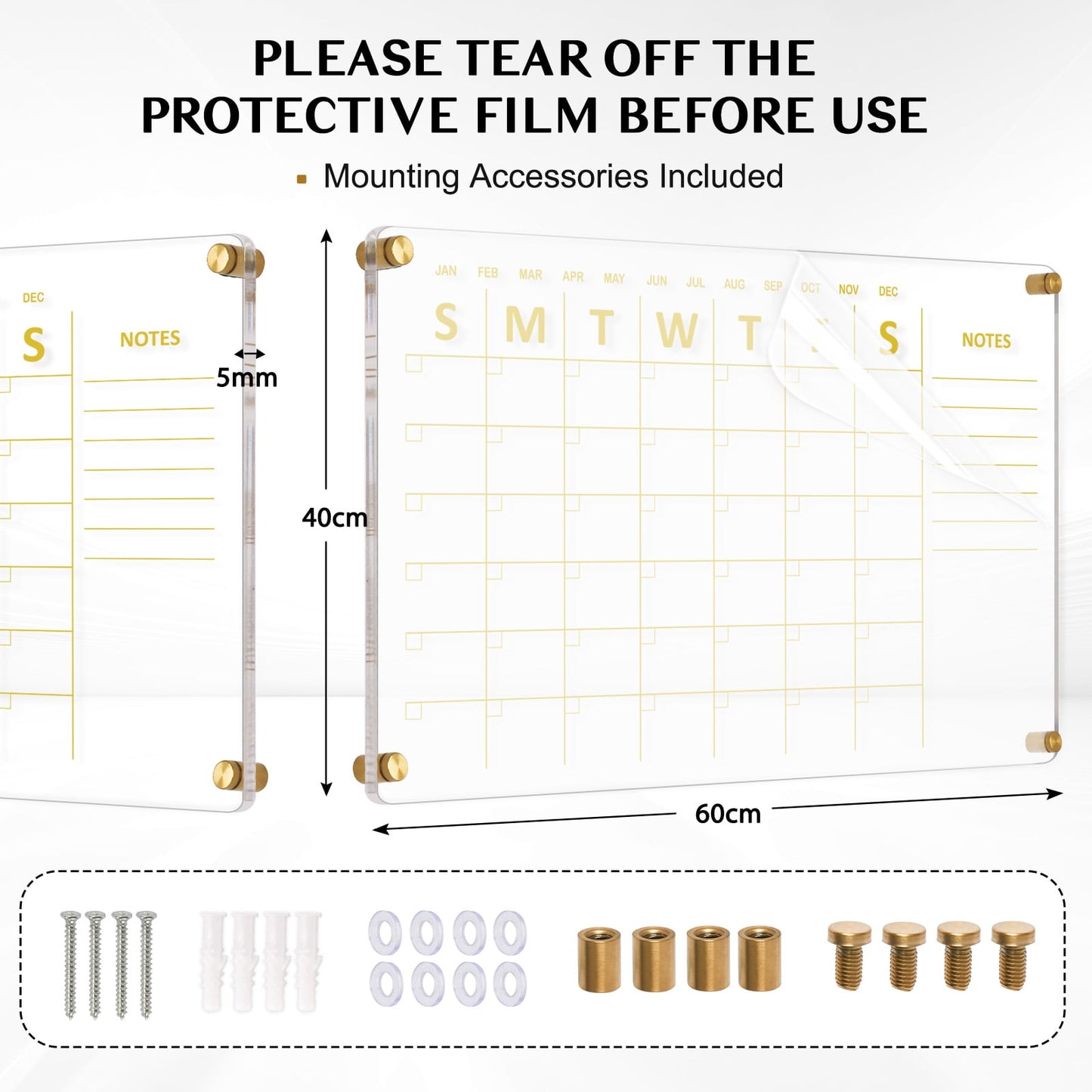 Acrylic Calendar for Wall Whiteboard eekly Clear Dry Erase Board, Wall Hanging Frameless Gold Print