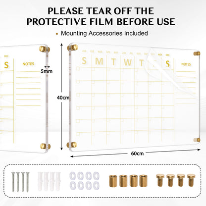 Acrylic Calendar for Wall Whiteboard eekly Clear Dry Erase Board, Wall Hanging Frameless Gold Print