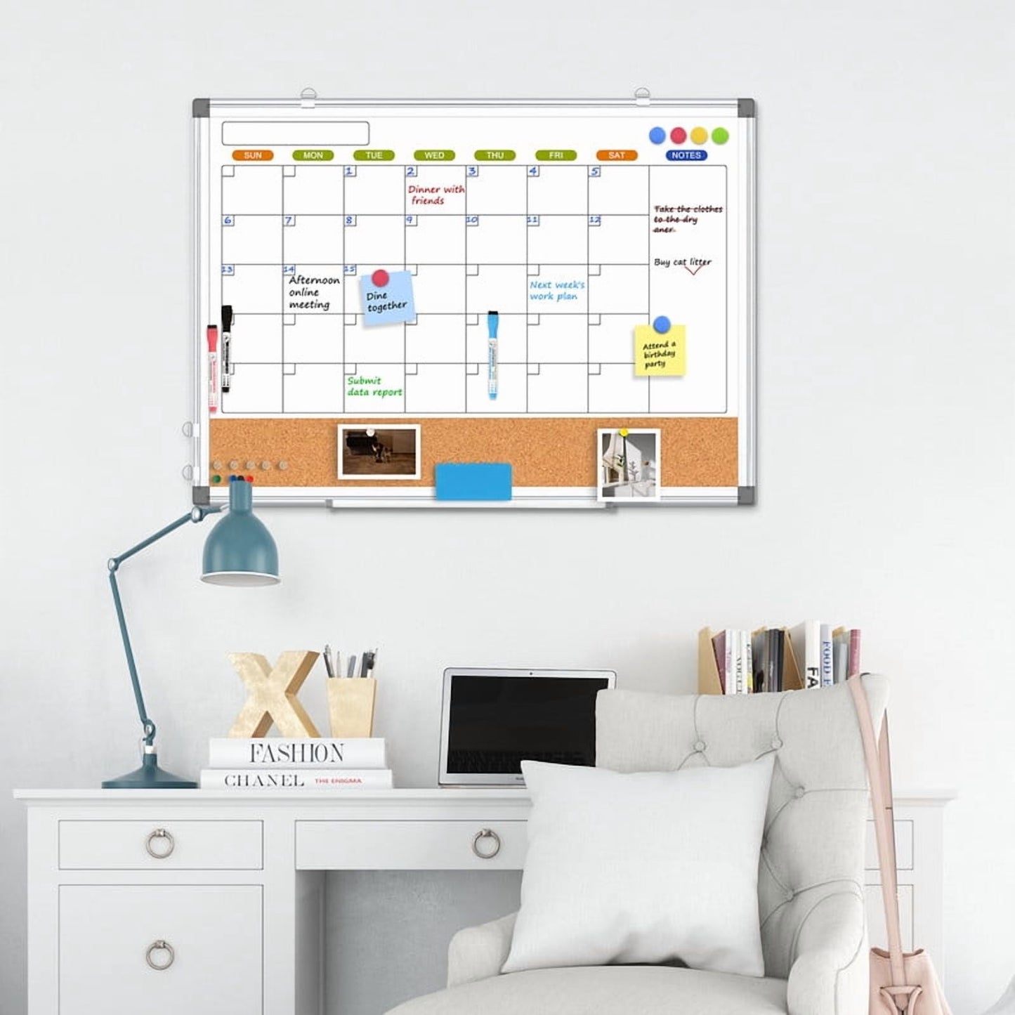 Magnetic Whiteboard Calendar Whiteboard Dry Erase Cork Board Combination Double-Sided Monthly White Boar for Wall