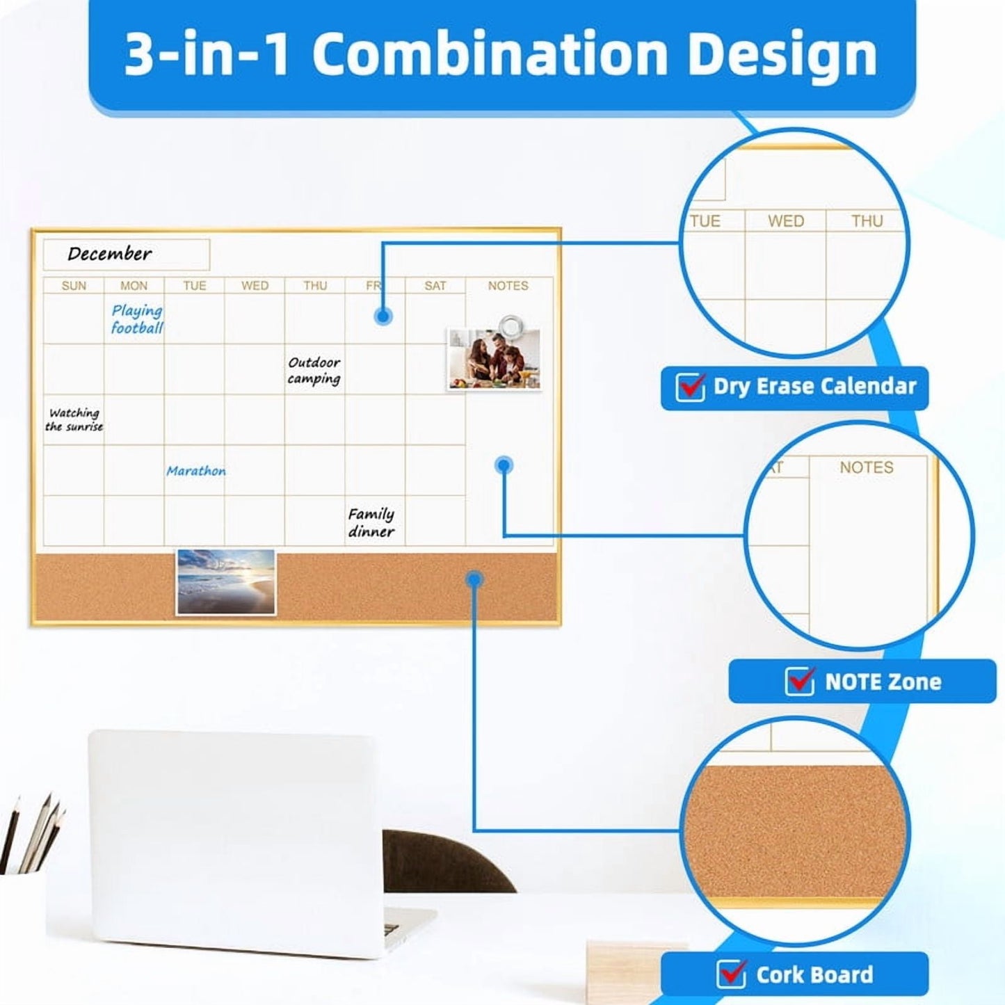 Dry Erase Calendar Whiteboard Cork Board Combo Magnetic White Board Calendar Dry Erase for Wall