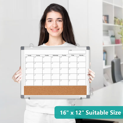 Monthly Calendar Whiteboard 16" x 12" Magnetic Dry Erase Board Dry Erase Cork Board Combination for Wall