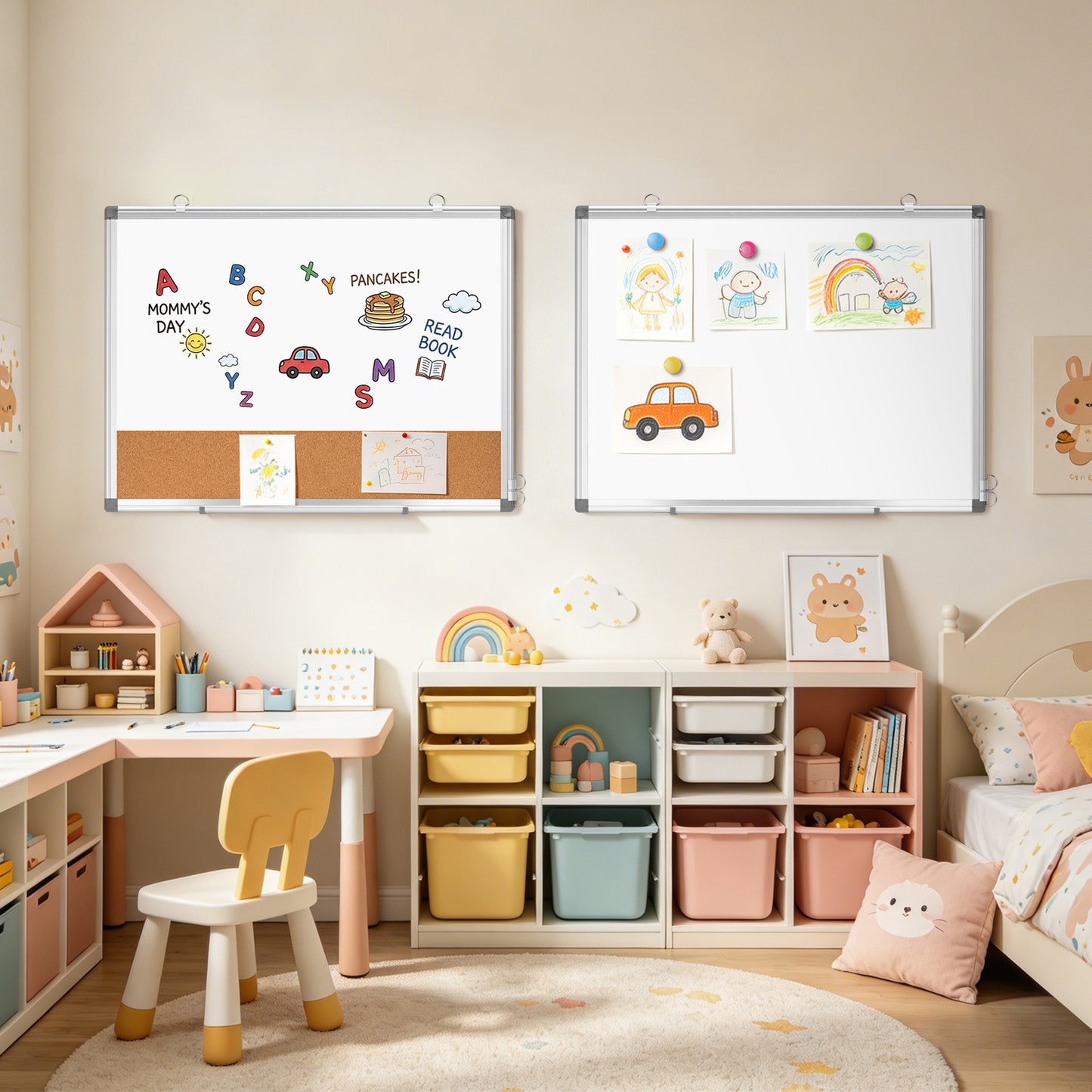 Dry Erase Board Double-Sided Whiteboard Cork Board Combo for Wall,  24" x 18", 36" x 24" Dry Erase White Board Corkboard Combination
