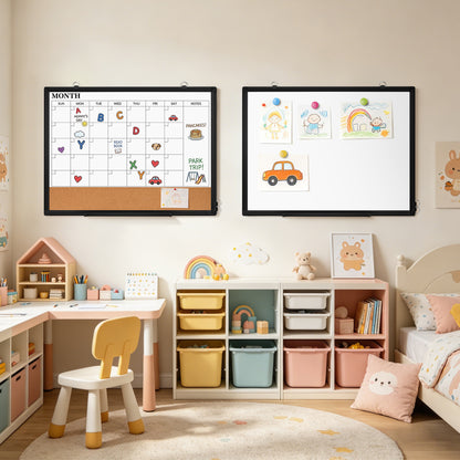 Monthly Calendar Whiteboard 24" x 18",36" x 24" Dry Erase Cork Board Combo Magnetic Double-Sided Calendar White Board and Bulletin Board
