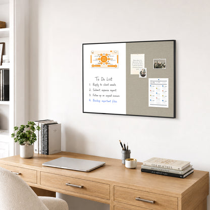 Linen Bulletin Board Whiteboard Combo 24"X18" Dry Erase Cork Board Combo Whiteboard with Grey Linen