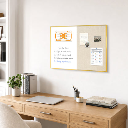 Linen Bulletin Board Whiteboard Combo 24"X18" Dry Erase Cork Board Combo Whiteboard with Beige Linen