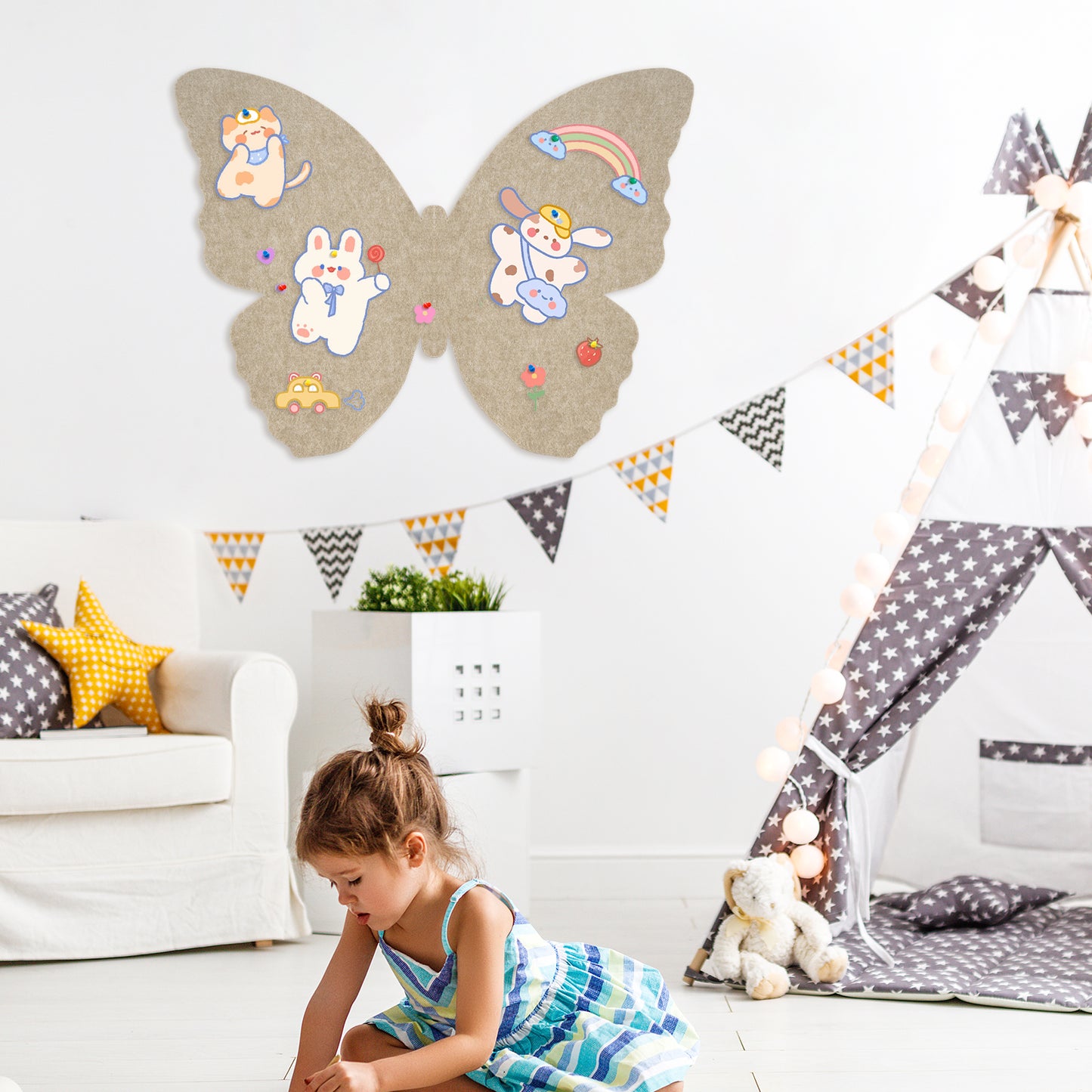 Felt Bulletin Board 2PCS Butterfly Stickers 3d Baby Wall Decor with 20 Push Pins, Latte & Grey