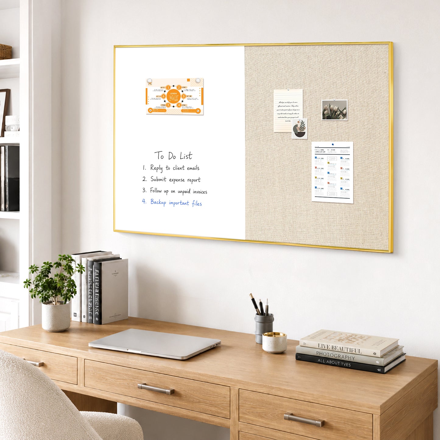 Linen Bulletin Board Whiteboard Combo 24"X18" Dry Erase Cork Board Combo Whiteboard with Beige Linen
