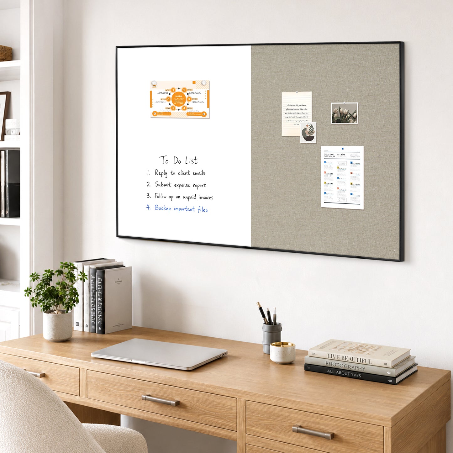 Linen Bulletin Board Whiteboard Combo 24"X18" Dry Erase Cork Board Combo Whiteboard with Grey Linen