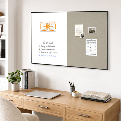 Linen Bulletin Board Whiteboard Combo 24"X18" Dry Erase Cork Board Combo Whiteboard with Grey Linen