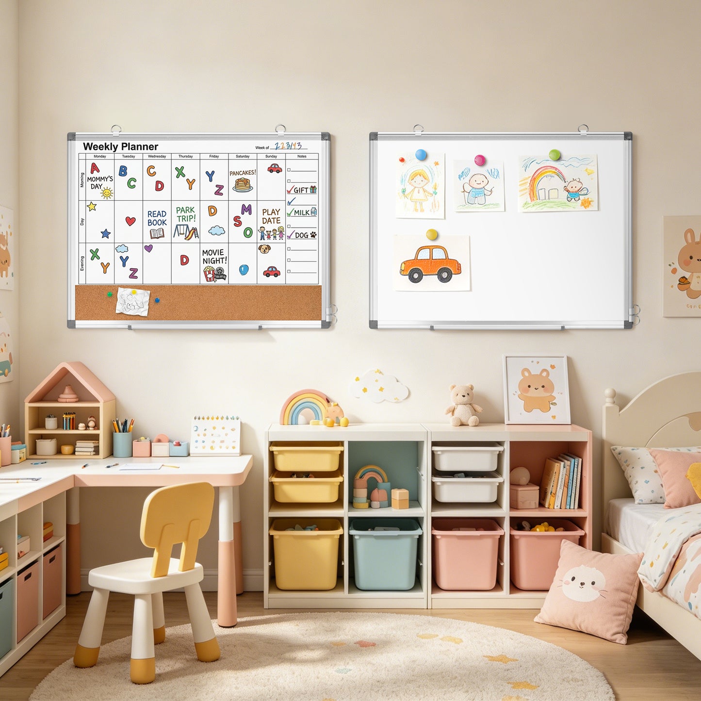 Weekly Dry Erase Calendar Whiteboard for Wall, 24" x 18" Double-Sided Weekly Planner White Board Cork Combo
