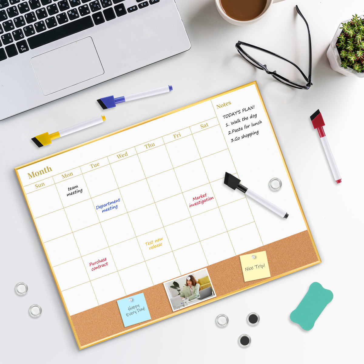 Whiteboard Calendar White Board Magnetic Dry Erase Board Cork Board Combo 16x12 inchs Reusable Monthly Planner for Wall