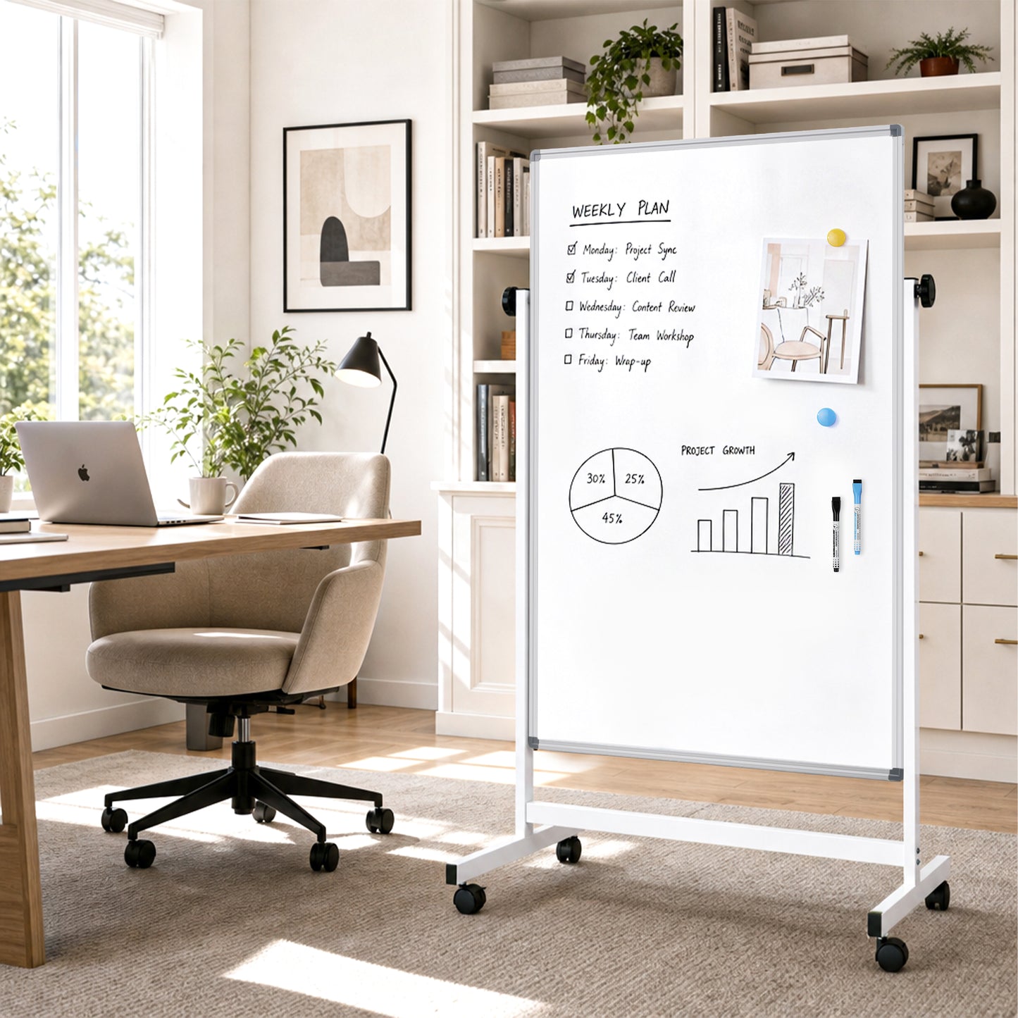 Rolling Whiteboard on Wheels, 48"x32" Height Adjustable Whiteboard Double-Sided Magnetic Dry Erase Board with Stand