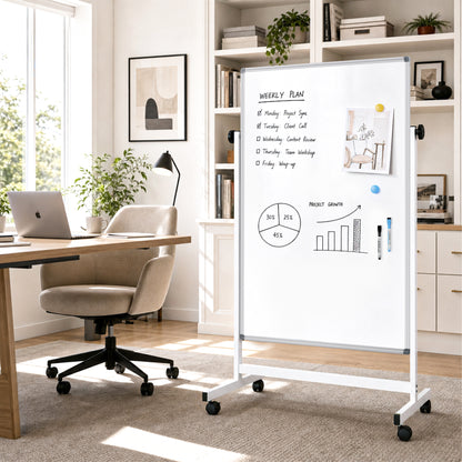 Rolling Whiteboard on Wheels, 48"x32" Height Adjustable Whiteboard Double-Sided Magnetic Dry Erase Board with Stand