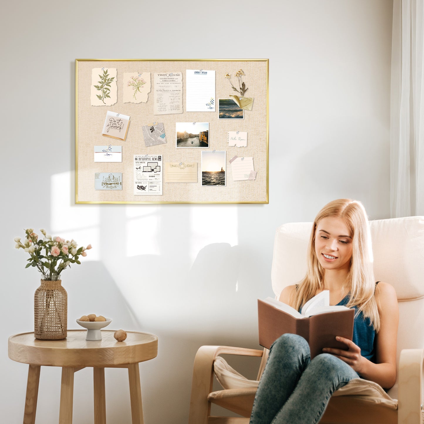 Bulletin Board with Linen Cork Board for Wall Poster Board, Beige