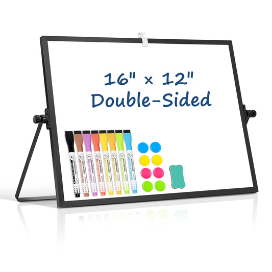 Small White Board with Stand, 16" x 12", Double-Sided with 8 Markers 8 Magnets 1 Eraser-Black