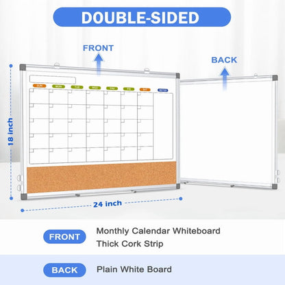 Magnetic Whiteboard Calendar Whiteboard Dry Erase Cork Board Combination Double-Sided Monthly White Boar for Wall