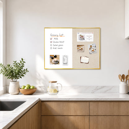 Linen Bulletin Board Whiteboard Combo 24"X18" Dry Erase Cork Board Combo Whiteboard with Beige Linen