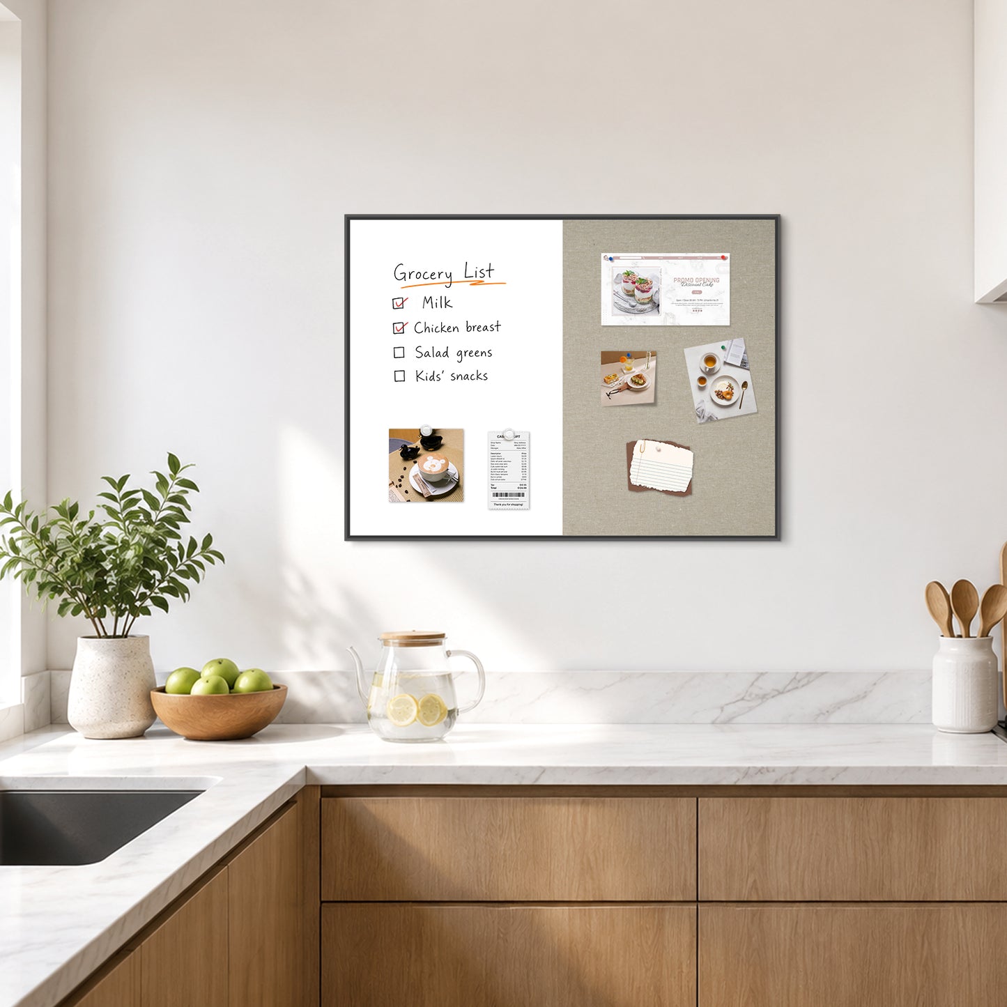 Linen Bulletin Board Whiteboard Combo 24"X18" Dry Erase Cork Board Combo Whiteboard with Grey Linen