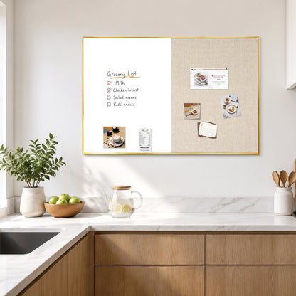 Linen Bulletin Board Whiteboard Combo 24"X18" Dry Erase Cork Board Combo Whiteboard with Beige Linen