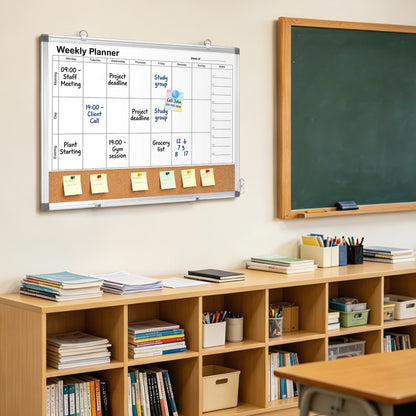 Weekly Dry Erase Calendar Whiteboard for Wall, 24" x 18" Double-Sided Weekly Planner White Board Cork Combo
