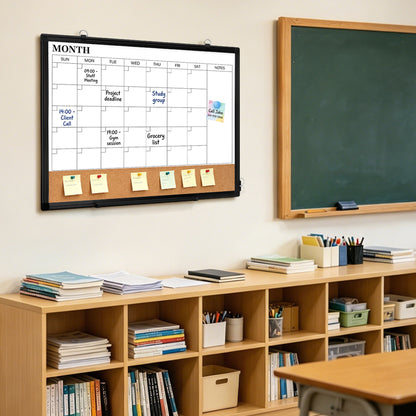 Monthly Calendar Whiteboard 24" x 18",36" x 24" Dry Erase Cork Board Combo Magnetic Double-Sided Calendar White Board and Bulletin Board