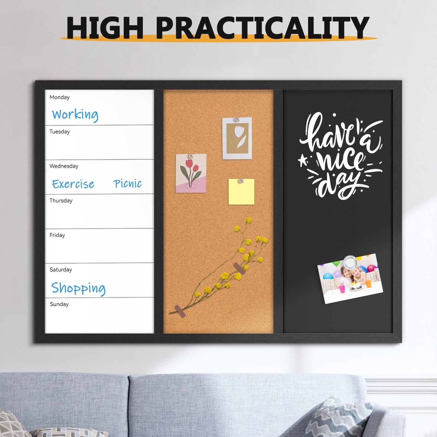 3 In 1 Magnetic Whiteboard Corkboard Chalkboard Combo Wall Board Combination Board Cork/Whiteboard/Chalkboard