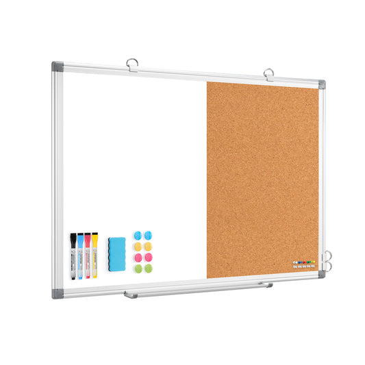 Whiteboard Corkboard Combo, Double-Sided Dry Erase Board with 4 Markers 6 Magnets 10 Pins 1 Eraser-Silver