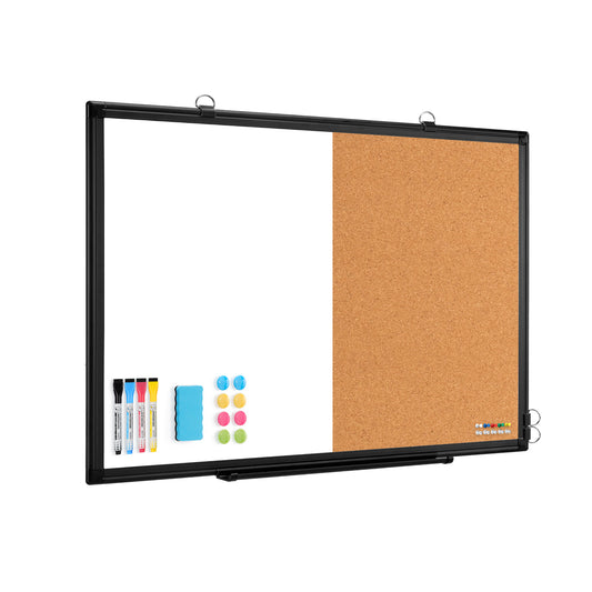 Whiteboard Corkboard Combo, Double-Sided Dry Erase Board with 4 Markers 6 Magnets 10 Pins 1 Eraser-Black