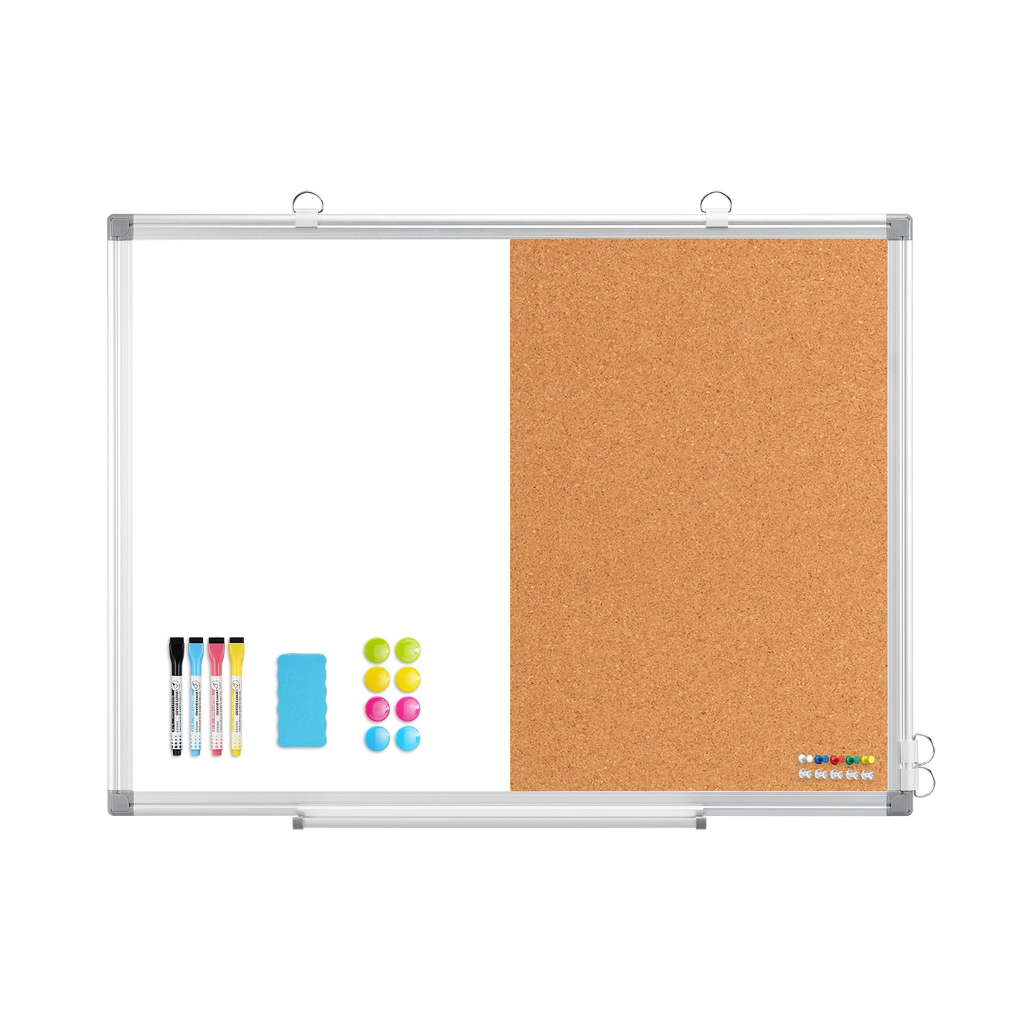 Whiteboard Corkboard Combo, Double-Sided Dry Erase Board with 4 Markers 6 Magnets 10 Pins 1 Eraser-Silver