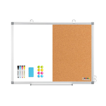 Whiteboard Corkboard Combo, Double-Sided Dry Erase Board with 4 Markers 6 Magnets 10 Pins 1 Eraser-Silver