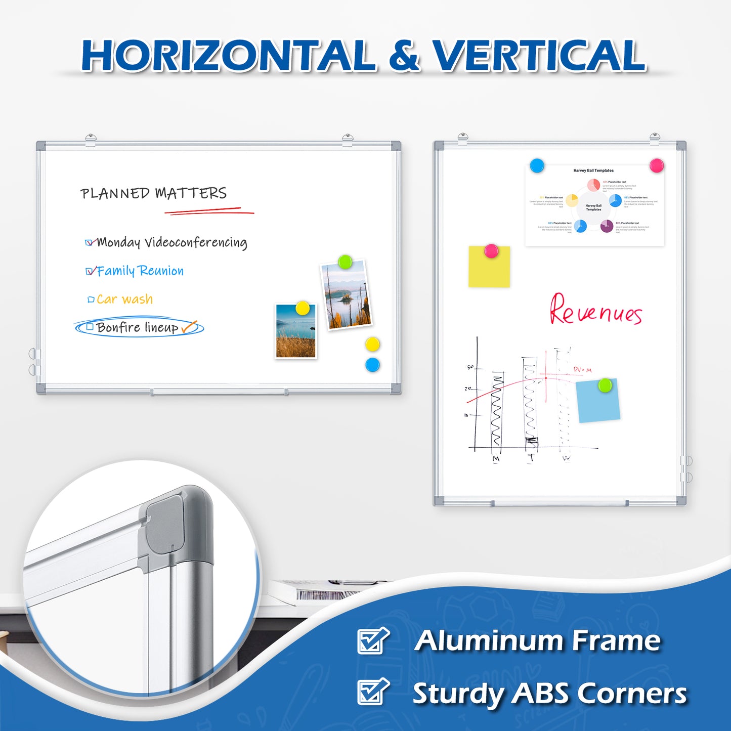 Magnetic White Board, Double-Sided Dry Erase Board for Wall with 4 Markers 8 Magnets 1 Eraser 1 Pen Tray