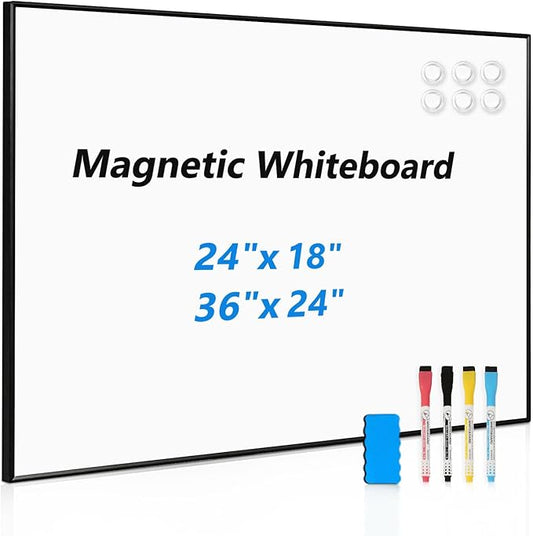 Magnetic Whiteboard for Wall, Black Frame Dry Erase Board with 4 Markers 6 Magnets 1 Eraser