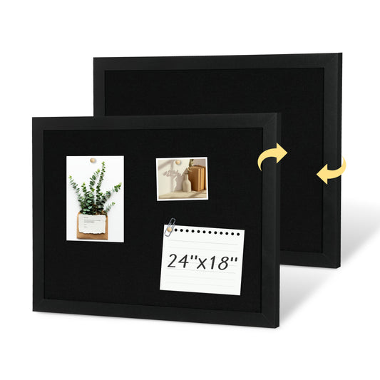 Black Linen Board, Wood Framed, Double-Sided with 10 Pushpins 10 Clips 24''x 18''