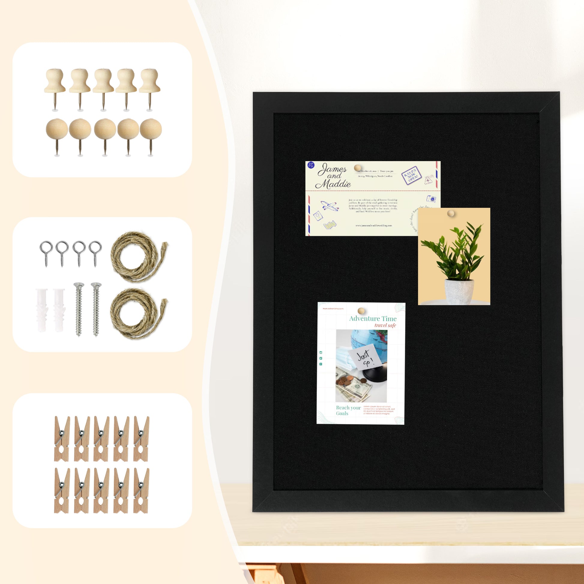 Black Linen Board with 10 Pushpins 10 Clips