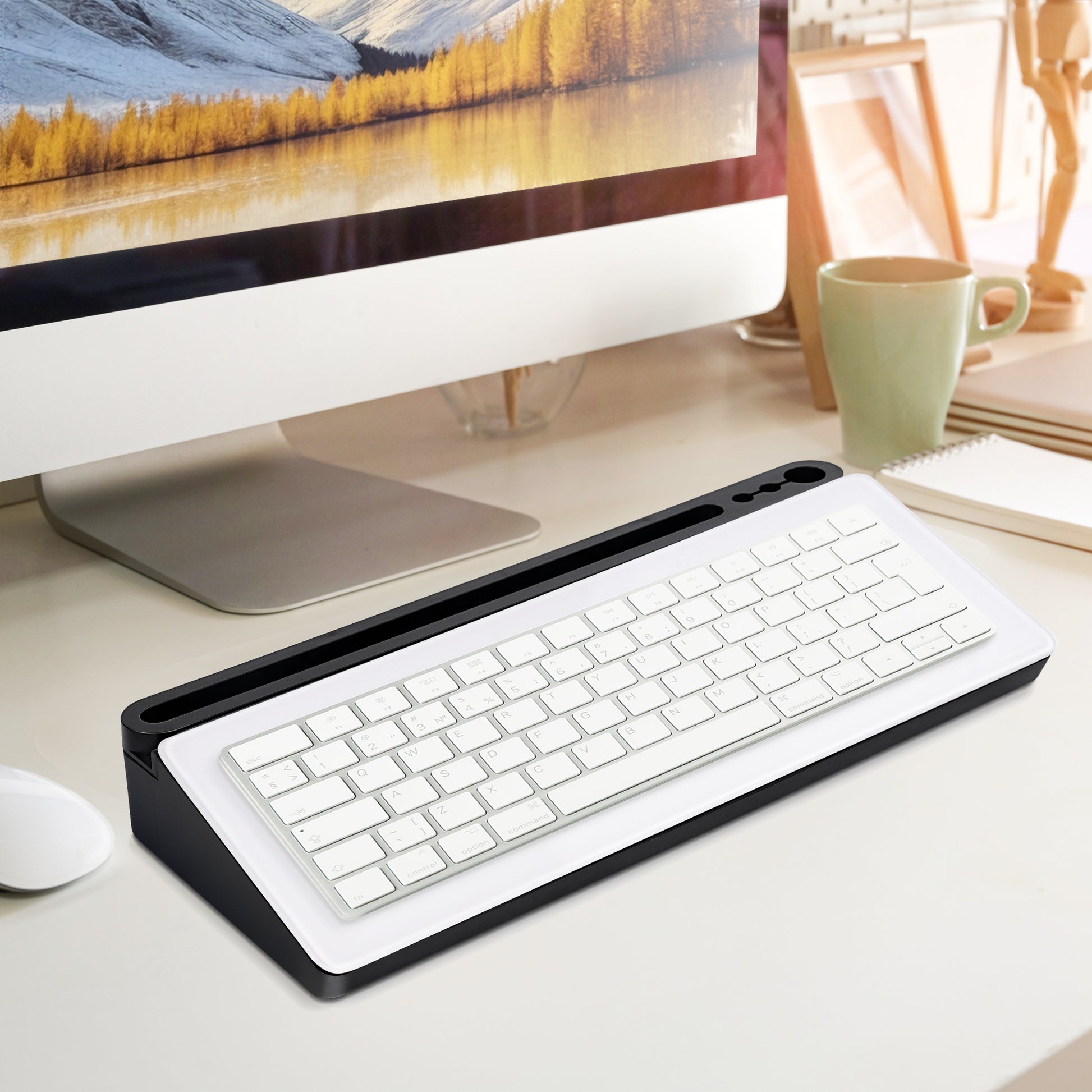 Glass Desktop Whiteboard with Storage Drawer, Black-white Box Available for Keyboard 