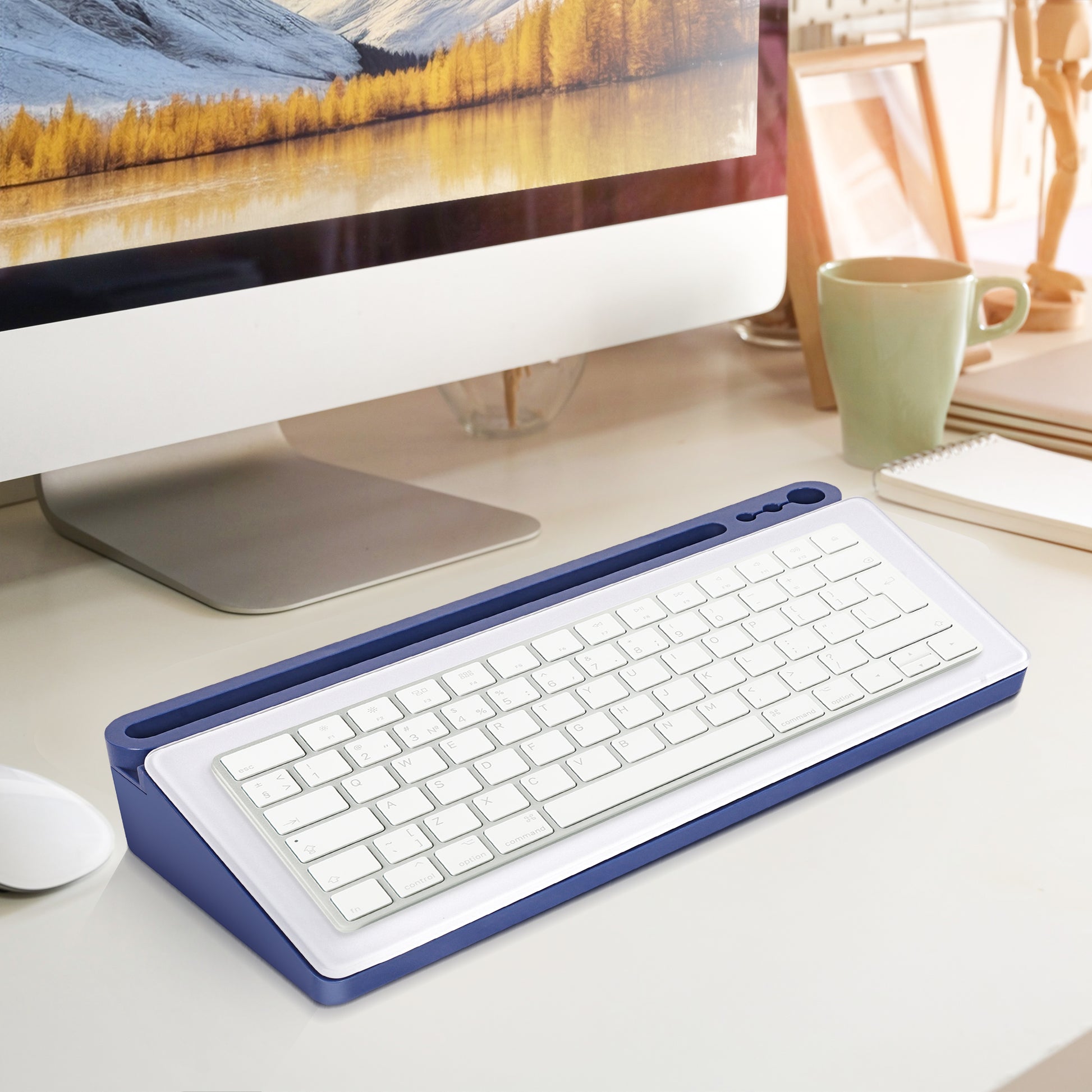 Glass Desktop Whiteboard with Storage Drawer, Blue-white Box Available for Keyboard